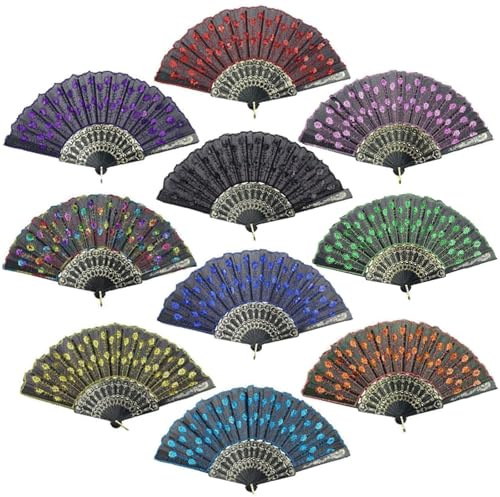 InnoLife Elegant Colorful Embroidered Flower Peacock Pattern Sequin Fabric Folding Handheld Hand Fan Hand-Crafted (Full Set - 10pcs Mixed Colors)