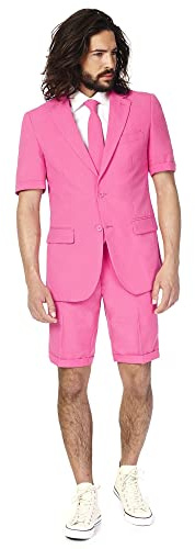 OppoSuits Herren Men Suit Business-Anzug Hosen-Set Inklusive Shorts, Kurzarmjacke & Krawatte, Mr.Pink, 54 EU