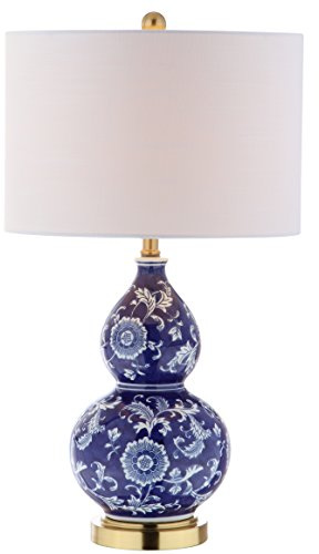 JONATHAN Y 27 Blue/White Ceramic Chinoiserie Table Lamp, Traditional Floral Double Gourd Vase Lamp with White Linen Drum Shade, Brass Gold Base, LED Bulb Included JYL3003A