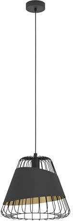 Eglo Lámpara colgante Austell, lámpara suspendida industrial vintage de una luz, lámpara de techo de acero y textil en negro y dorado, lámpara para comedor y salón con casquillo E27, Ø 36 cm