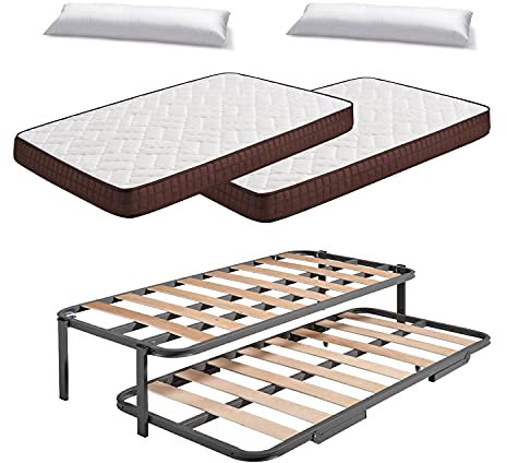 HOGAR24 ES Cama Nido Metálica Reforzada + 2 Colchones Viscoelasticos Viscobrown + 2 Almohadas De Fibra Resinada, 90x190 cm