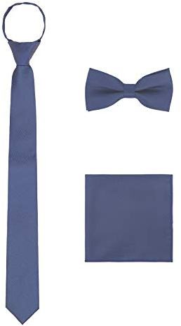 WANYING Clásica Corbata Estrecha con Cremallera & Pajarita & Pañuelo de Bolsillo 3 en 1 Set para Hombre - Azul oscuro