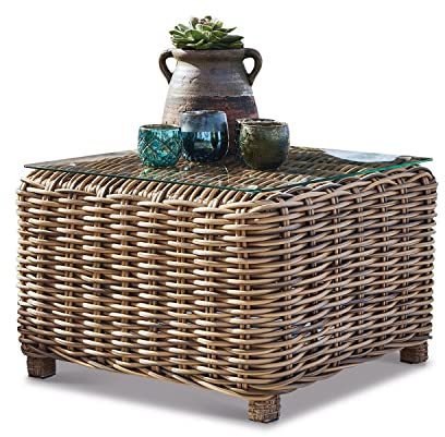 Loberon Beistelltisch Cubo, Zeitloser Chic, Klassische Eleganz, Wetterfest, Gartenmöbel, Outdoor, Gartentisch, Glas, Polyrattan, Edelstahl, braun
