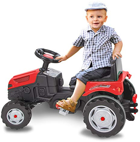 JAMARA- Strong Bull Tracteur à pédale Anti-basculement, entraînement par pédalage, système de Volant, siège réglable, klaxon, attelage de remorque, Poids Maximum 60 kg, 460796, Rouge