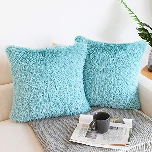 NordECO HOME 2er Set kissenbezüge 40x40 cm Kissen Türkis Künstlich Pelz Fellkissen Dekorative Deko Kissen Kuschelkissen Flauschig Sofakissen Weich Plüschkissen für Sofa