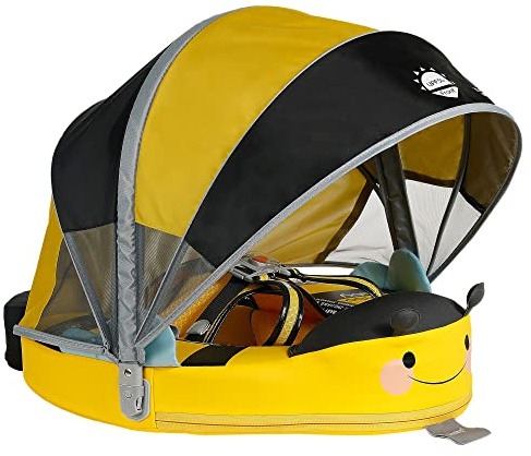 Mambobaby Float Add Tail Baby Swim Float with Canopy Solid Pool Infant Swim Trainer Swimming Training Lying Air Free Water Floats Non-Inflatable Waist Swim Ring for Toddlers (Bee)