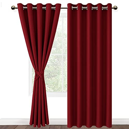 DWCN Red Blackout Curtains with Tiebacks for Bedroom Thermal Insulated Solid Eyelet Curtains for Living Room,2 Panels,66 Wide x 90 Drop