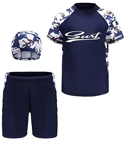 SEAUR Jungen Schwimmshirt Badehose UV Schutz Rash Guard mit Badekappe Kinder Badeset 3 Teilig Kurzarm Badeanzug - 6XL(152-164)