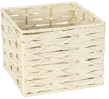 WENKO Badbox Vabriano, Aufbewahrungskorb aus Papier-Geflecht, zur Bad- und Büro-Aufbewahrung, 24 x 18,5 x 24 cm, Boho-Style, quadratisch, Beige