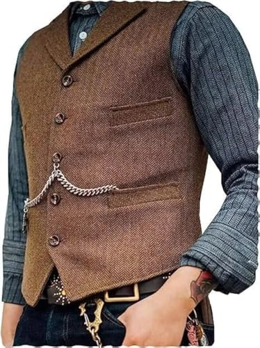 DREFEEL Mens Classic Wool Tweed Suit Vest Casual Sleeveless Jacket Herringbone Waistcoat for Tuxedos
