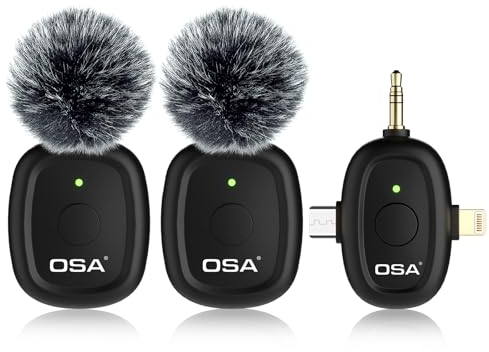 OSA Microfono Wireless 3 in 1 per Fotocamera, IOS Phone, Android e Laptop, 8 Ore di Lavoro Lungo Microfono da Bavero con Riduzione del Rumore per Registrazione Video, Vlog, YouTube, TikTok