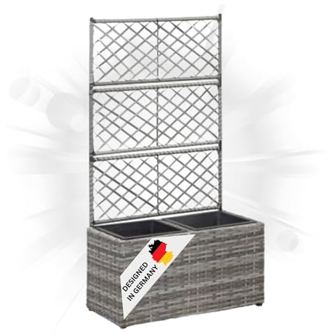 DELUKE Rankkasten Pflanzgefäß ELOT aus Rattan Grau | 2 Töpfe | 58x30x107cm | Hochbeet mit Rankgitter Pflanzkasten Balkon Terrasse Blumenkasten Pflanzkübel mit Rankhilfe