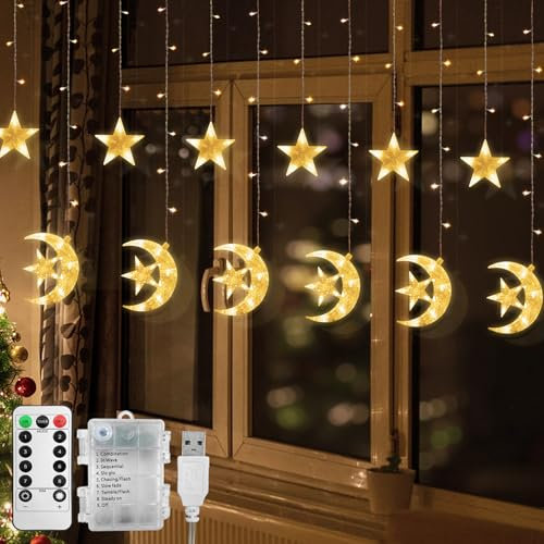 Jsdoin Christmas LED String Lights 3.5M LED Stars Moon Curtain Lights Christmas String Fairy Lights with USB+Battery-Powered and 8 Flashing Modes for Ramadan Christmas, Wedding Decoration (Warm White)