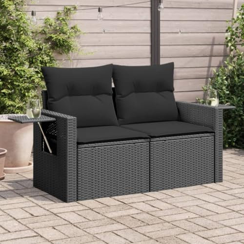 IKAYAA Rattan Balkon Sofa 2 Sitzer Gartenbank mit Stauraum und Wasserfestem Beutel, Schwarz, 124 x 62 x 69 cm, Outdoor Gartensofa