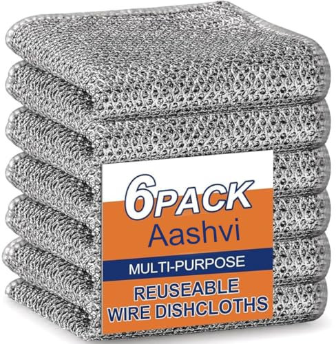 Aashvi 6 panni a doppio strato in filo di acciaio per lavare i piatti, antigraffio, multiuso, durevoli, per bagnati e asciutti, panni per la pulizia di piatti e fornelli da cucina (6)