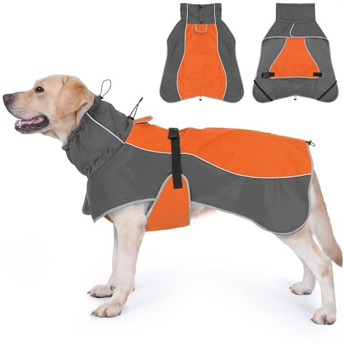 HezzLuv Waterproof Dog Jacket with Reflective Strips, Windproof Winter Warm Coat with Soft Fleece Lining, Adjustable Fit & Harness Hole for Small to Large Dogs Outdoor Camping Hiking in Cold Weather