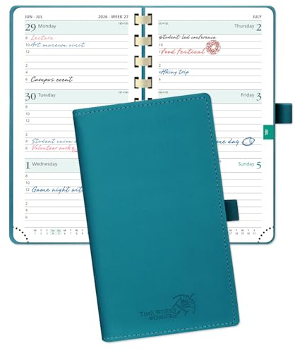 POPRUN 2026 Pocket Planner (Slim Size 3.5'' x 6.5'') Weekly and Monthly Calendar for Purse, with Hourly Time Slots, 100GSM Thick Paper, Spiral Soft Cover, Pen Holder, TJ - Pacific Green