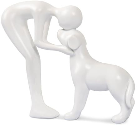 Kityemo Statua in Ceramica di Cane Carino in Bianco – Scultura Canina Decorativa, Regalo per Amanti degli Animali, Decorazione per Casa/Ufficio, Scultura di Uomo e Cane