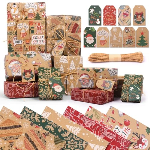AhfuLife​ 6/12 Hojas Papel de Regalo Navideño, 70x50cm, Kraft Reciclado Incluye 9 Etiquetas 6 Diseños Vintage para Regalos, Decoración de Fiestas de Navidad