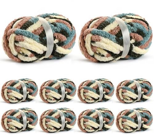10 Pack Jumbo Chunky Yarn for Hand Knitting, Fluffy Chunky Chenille Yarn for Crocheting, Variegated Chunky Knit Baby Blanket Yarn, 240 yds /70.5 oz Super Bulky Yarn（Apricpot Green）