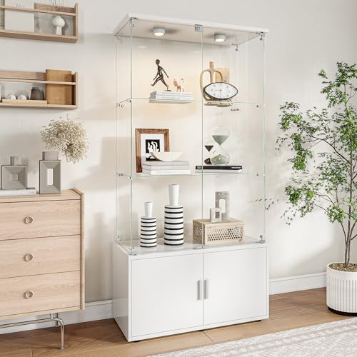 Vetrina in vetro con illuminazione a LED, vetrine scaffale in piedi con 4 ante e 3 ripiani, vetrine per collezione in vetro, mobile di stoccaggio per soggiorno ufficio 79x35x164cm (4 ante 3 ripiani