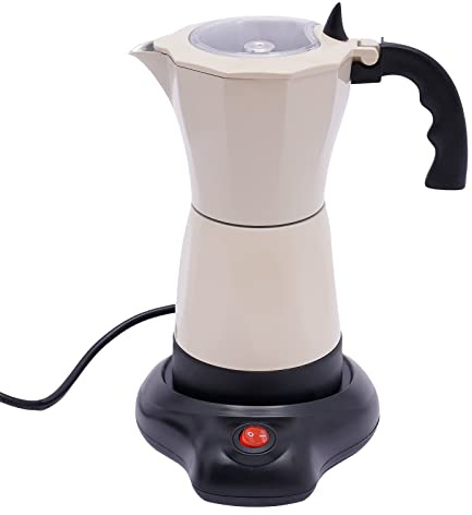 Bdneygtyr Cafetera eléctrica de 480 W, cafetera italiana con 2,5 bares de presión, cafetera moka de aluminio para 1-6 personas, 300 ml, cafetera de camping con enchufe europeo, color crema y blanco