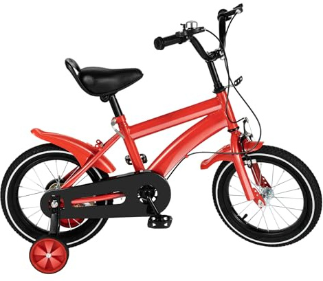 FUNYSF 14-Zoll-Kinderfahrrad mit Stützrädern, verstellbarem Sattel, Rücktrittbremse und Handbremse, für Jungen und Mädchen geeignet, sicheres Fahren (Rot)
