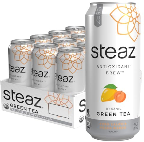 Steaz - Organic Green Tea - Zero Calorie Peach Mango (12 Pack) - Antioxidant Brew - 65mg Natural Caffeine, Vitamin C - Stevia Sweetened Iced Tea - Vegan, Fair Trade - 12 Cans, 16 fl oz (473mL)