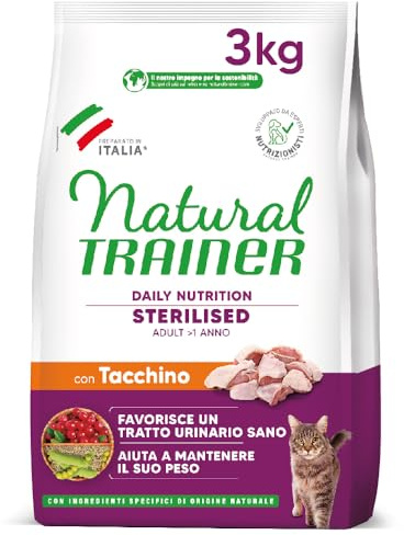 Trainer Natural Cat Sterilised Adult con Carni Bianche e Fibra di Pisello 3 Kg, 3000 Gr