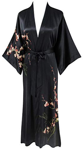 Ledamon Women's 100% Silk Kimono Long Robe For Women (Black)