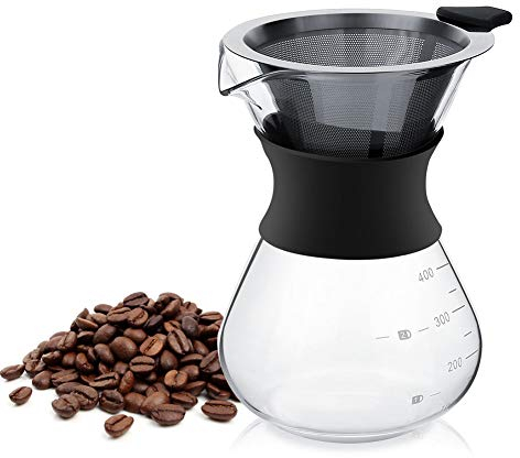 Haofy Pour Over Coffee Maker, Caraffa in Vetro Borosilicato, Filtro Senza Carta in Acciaio Inossidabile Resistente alla Ruggine, Caffettiera a Induzione Manuale per Caffè