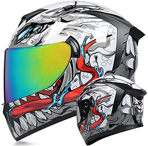 Casque De Moto Intégral Double Visière Homologué ECE/DOT Pour Homme Femme - Léger Et Coloré Avec Graphiques - Pour Jeunes - White Grey, M