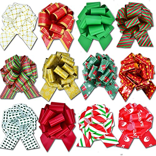 12 pezzi fiocchi di Natale con nastro adesivo largo 5 pollici per regalo di Natale, regalo, fiorista, bouquet, decorazione per albero di Natale, facile da montare