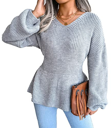 Suéter de Punto Peplum de Ganchillo para Mujer, Suéter Holgado Informal de Color Puro, Top con Mangas Acampanadas, Cuello en V, Dobladillo Ajustado en la Cintura, Top con Volantes(M-Gris)
