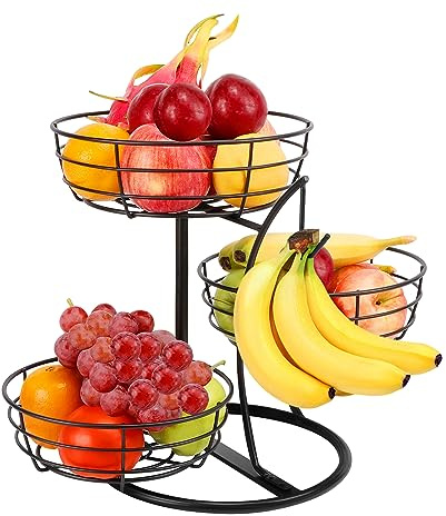 Livabber Fruit Basket Bowl with Banana Hanger, Fruit Vegetable Storage Basket with Banana Tree Holder for Kitchen Counter, Detachable Organizer for Bread Snack Produce (Black, 3-Tier Metal Base)
