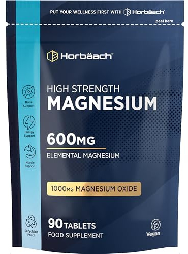 Magnesium Oxide Tablets 600mg | High Strength Elemental Magnesium Supplement | 1000mg Magnesium Oxide | for Men & Women | 90 Vegan Tablets | Horbaach