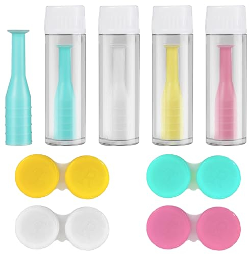 JTMKYO 4 Introduzione per lenti a contatto e 4 Contenitori per lenti a contatto, Accessori per lenti a contatto, Strumenti per la rimozione delle lenti a contatto, verde, bianco, rosa, giallo, 5,1 cm,
