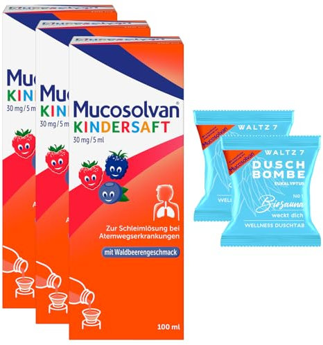 MUCOSOLVAN® Kindersaft 30 mg/5 ml, 3 x 100 ml, Hustenlöser mit Ambroxol, mit 2 Duschbomben