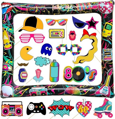 Inflatable 80s Photo Booth Prop Retro Party Inflatable Selfie Frame with 21Pcs 80s Booth Props,Giant Inflatable Frame Blow Up for 1980s Party,Hippie Disco Decorations