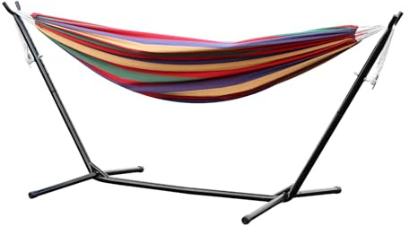 Mitoydoe Camping y patio trasero Essential – Soporte portátil de metal para hamaca con doble hamaca de algodón de alta calidad, duradero y fácil de ajustar, color rojo