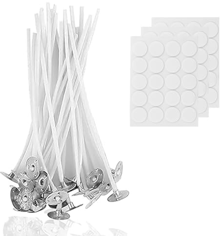 100 pezzi Stoppino per Candela, con base in metallo, 3 pezzi Adesivi, Stoppino per Candela Adatto per la Maggior Parte dei Tipi di Fabbricazione di Candele Fai-da-Te (10 cm/3,93 Pollici)