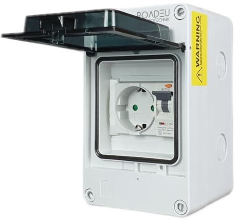 RoadEu - Schuko Steckdose mit Fi Schutzschalter im Sicherungskasten Aufputz IP65. Wasserfest Wandverteiler Komplett - 16 Ampere Steckdose 230V und FI 16A C typ A