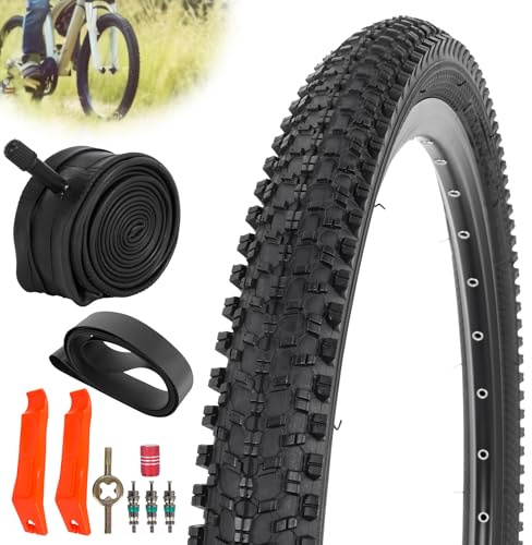 JIAYAN Pneus de vélo de Rechange Pliables de 24x1.95 avec leviers de Pneu et doublures de pneus, Pneu de VTT 24'' et Chambre à air pour VTT Tout-Terrain