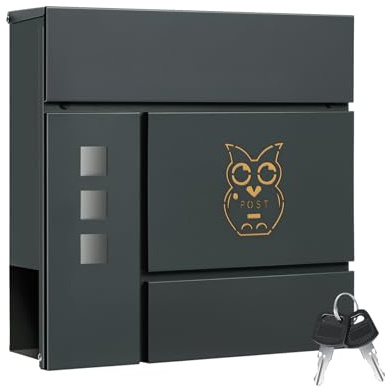 WOLTU XXL Briefkasten, Postkasten mit Zeitungsfach, Aufkleber gegen unerwünschte Werbung, Sichtfenster, Wandbriefkasten abschließbar, 2 Schlüssel, einfache Montage, 10,5 x 37 x 37 cm, Anthrazit