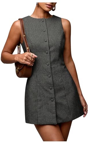 SOLY HUX Women's Plaid Button Down Dress Crew Neck Sleeveless Tie Back Work Office Mini Dresses Dark Grey Plaid X-Large