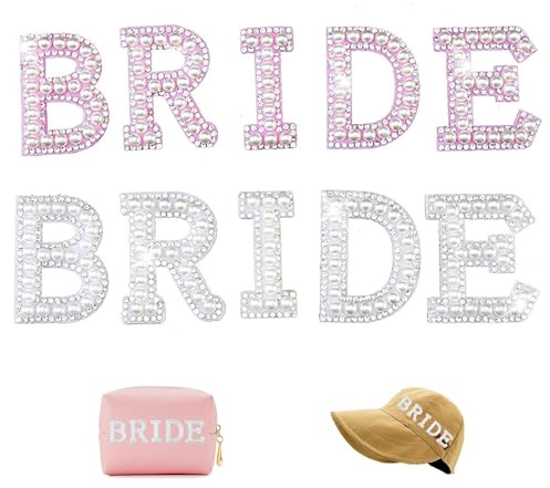 10 Pezzi Adesive Lettere per Tessuto, Sposa Glitter Sposa di Rhinestone Perla su Lettere, Toppe Termoadesive con Strass per Abbigliamento, Cappelli, Scarpe, Fai da Te (Bianco, Rosa)