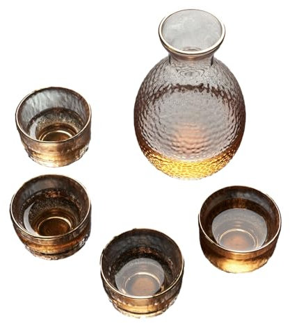 Brocca da vino giapponese in vetro, motivo martello Baijiu, brocca con bordo dorato + 4 tazze con bordo dorato