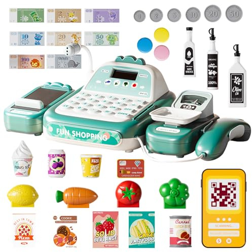 Agarte Toy Till Cash Register for Kids, 52PCS Play Till Cash Register Children with Scanner, Calculator, Music, Credit Card, Play Money, Conveyor, Food Toys, Role Play Cash Register Toy for 3 Year Old