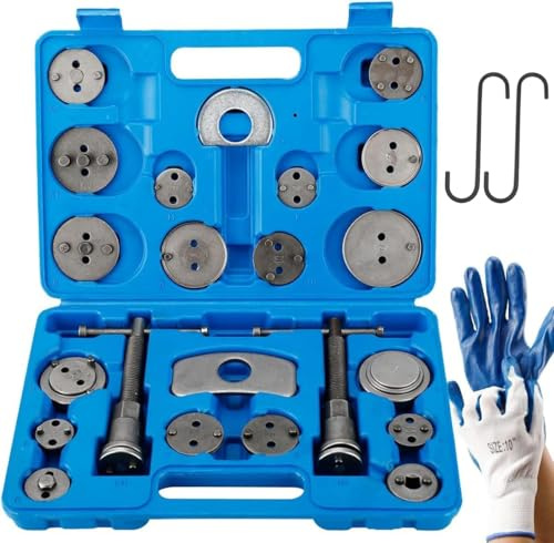 FreeTec 24-tlg. Bremssattel-Werkzeugsatz - Bremskolben Rücksteller Set mit Rechts- & Linksgewinde Spindeln, 18 Adaptern, 2 Bremsaufhängern, Koffer & Handschuhen - für PKW & LKW