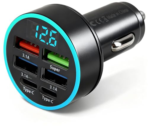 66W Caricabatterie Auto USB C 4ports con voltmetro a LED, Adattatore Presa Accendisigari Rapida12V 3,1A, collegabile al tipo C Compatibile con iPhone 17 16 15 Max Pro, Samsung Galaxy S24 S23 S21 Ultra